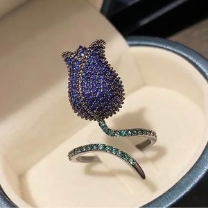 Blue Green CZ Gunmetal Tulip Adjustable Ring